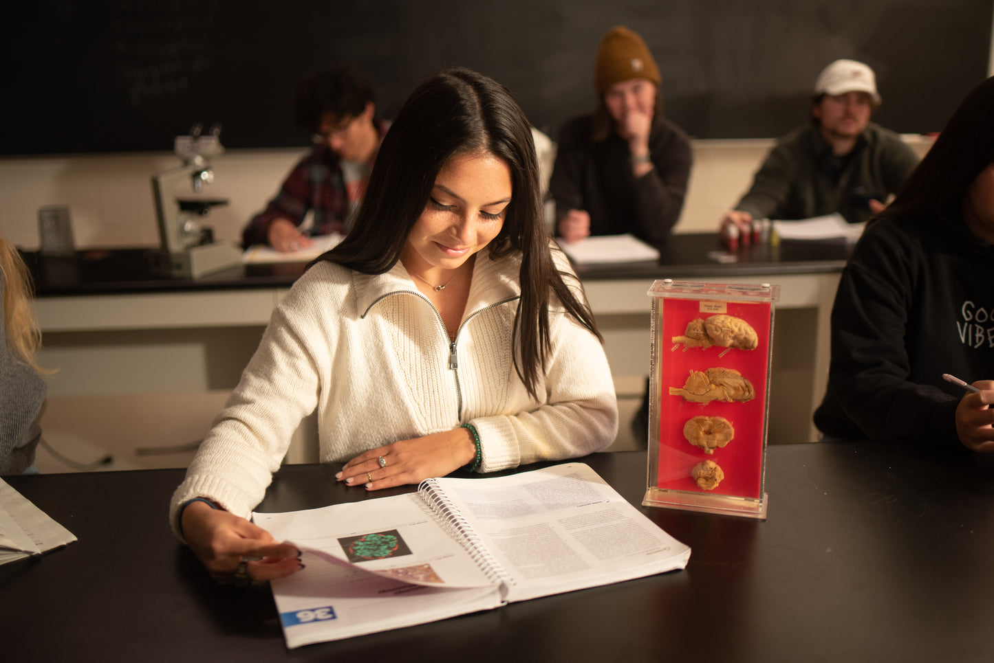 A student in the biology lab consults a textbook
