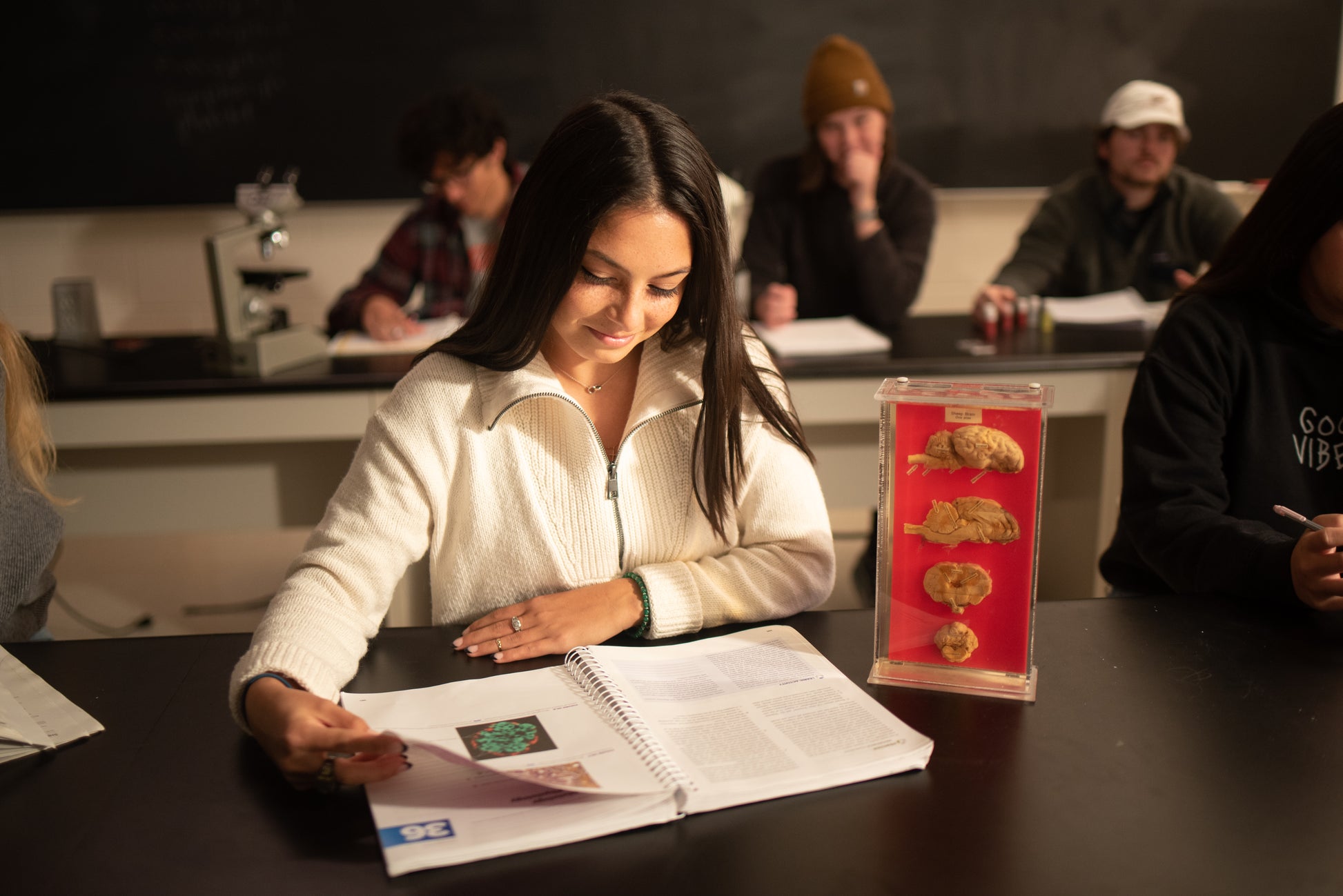 A student in the biology lab consults a textbook