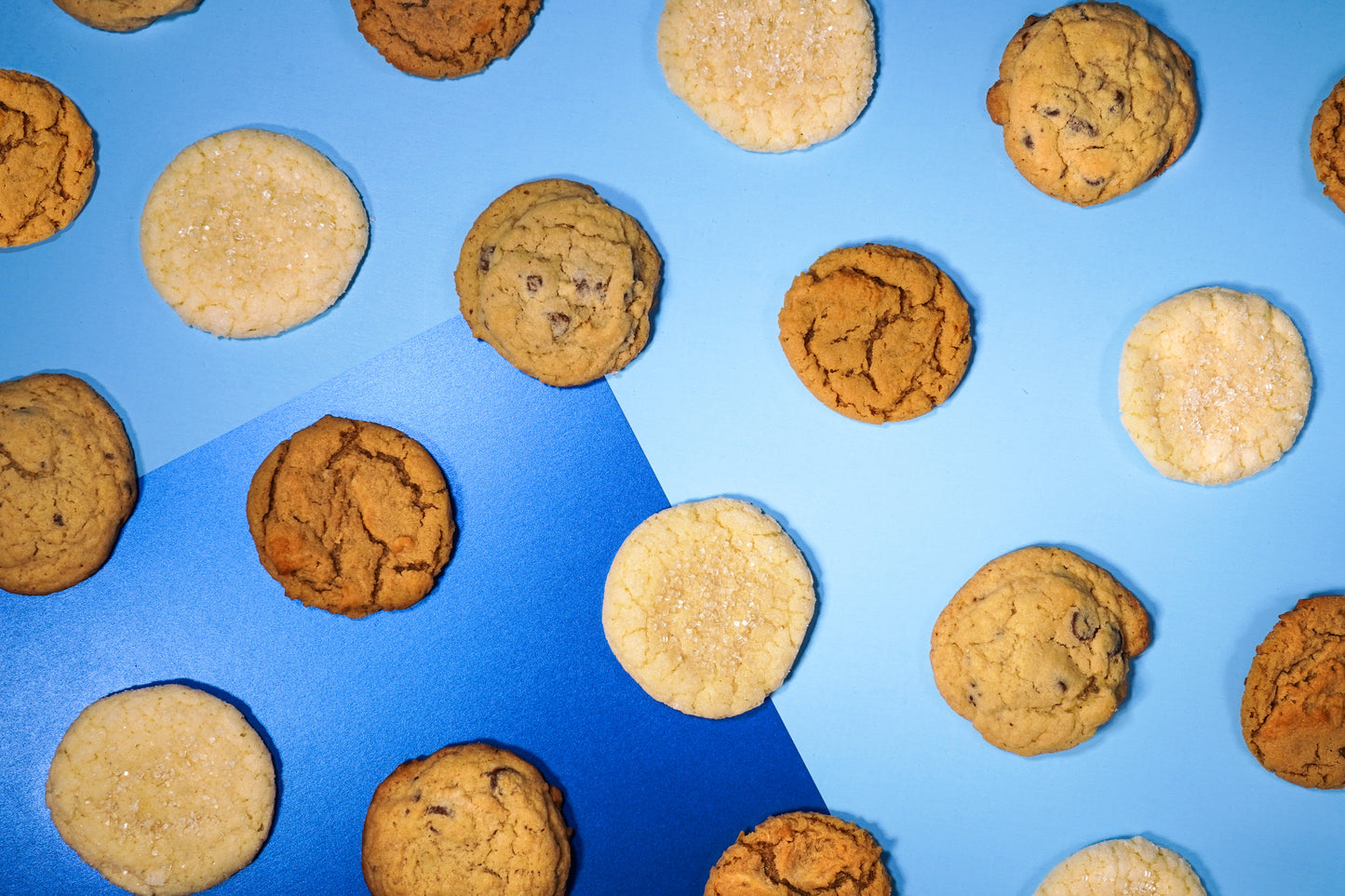 Assorted cookies on a blue background