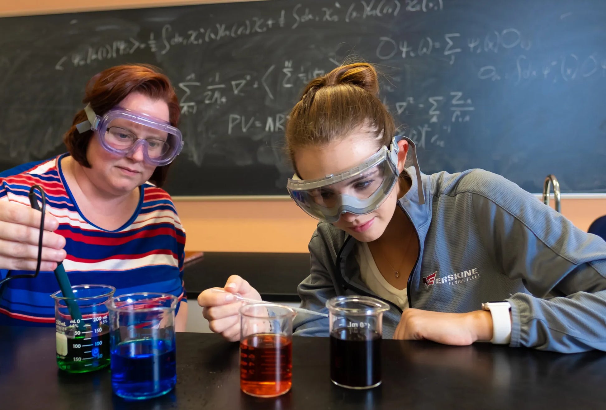 An Erskine professor and student work together in the chemistry lab